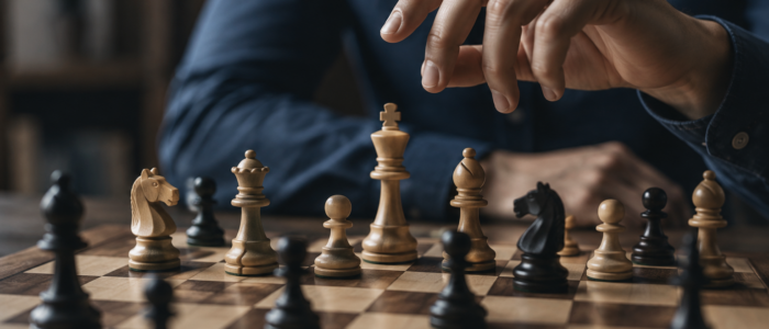 R&D Prioritization & Decision Making Hand poised above a chessboard, representing R&D prioritization and strategic decision making