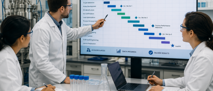 R&D Execution Scientists reviewing an R&D project plan with milestones and go/no-go decision points